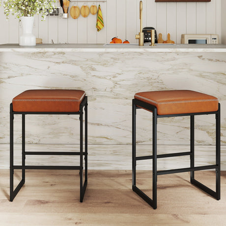 Taburetes de bar de 26 pulgadas, juego de 2 taburetes de altura de mostrador con asiento tapizado de piel sintética