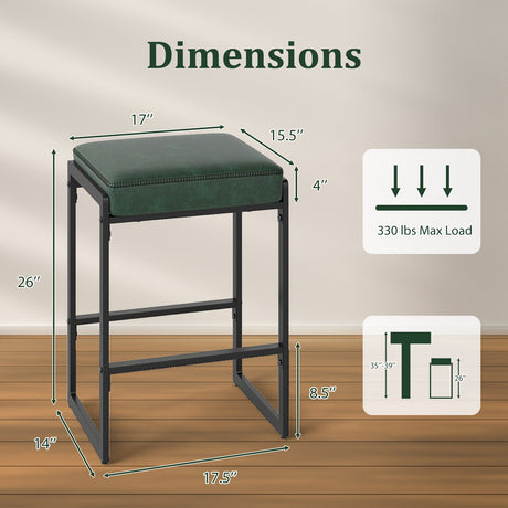 Taburetes de bar de 26 pulgadas, juego de 2 taburetes de altura de mostrador con asiento tapizado de piel sintética