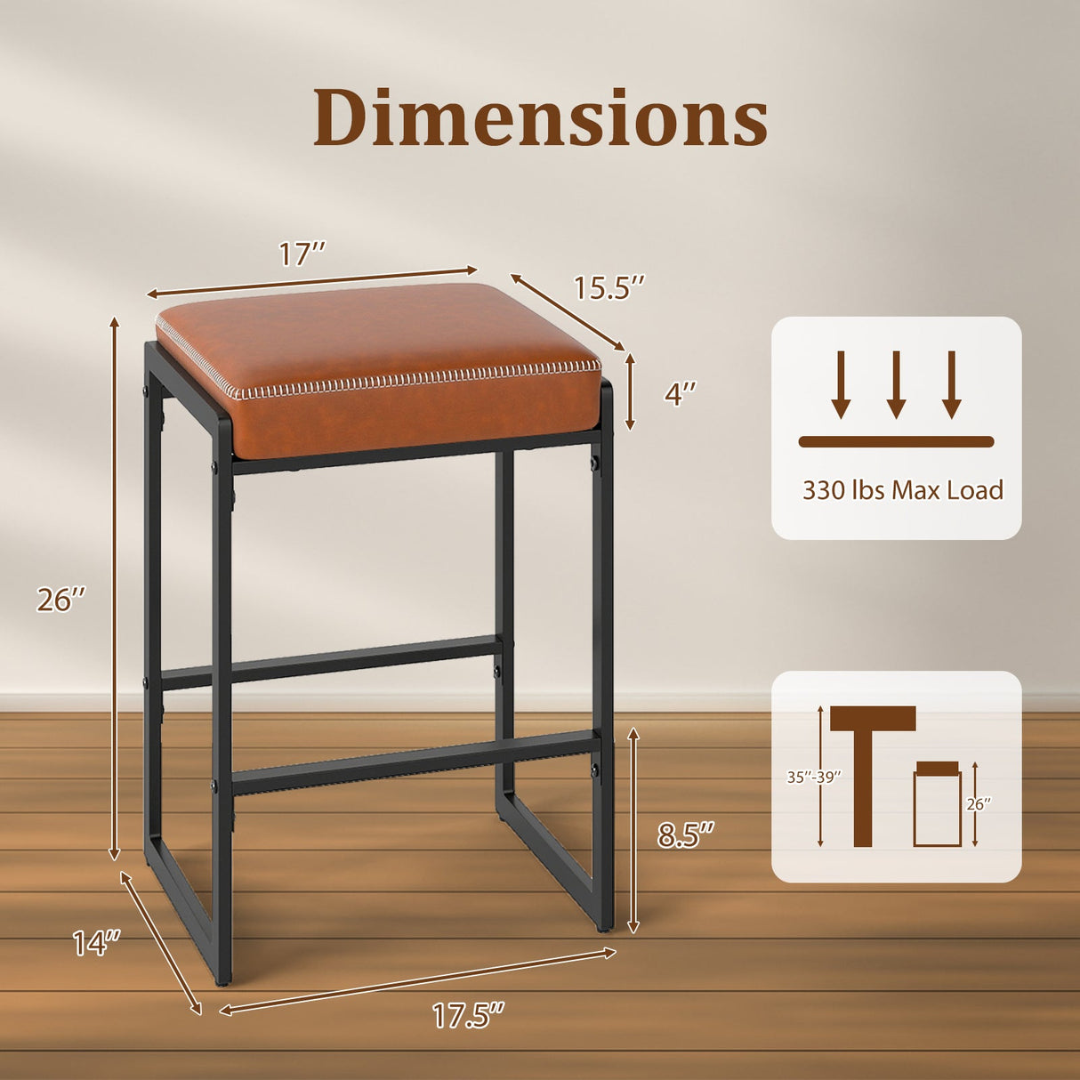 Juego de 4 taburetes de bar de 26 pulgadas, taburetes de altura de mostrador con asiento tapizado de piel sintética