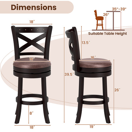 Juego de 2 taburetes de bar giratorios de 26/30 pulgadas con asiento acolchado