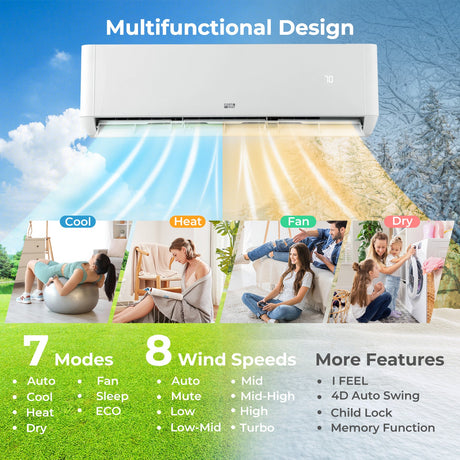 Aire acondicionado mini split de 3 zonas y 27000 BTU con bomba de calor y 22 SEER2
