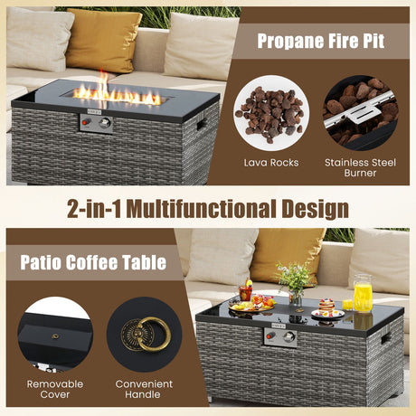 Juego de 2 piezas de mesa de fuego de ratán para exterior, fogón de gas rectangular de 32 pulgadas con cubierta para el tanque