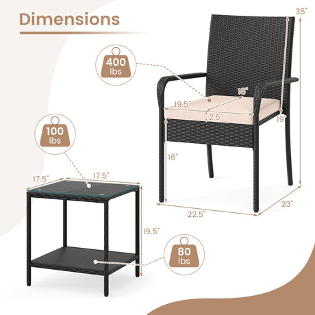 Juego de muebles de patio de 3 piezas con cojines de asiento y mesa con cubierta de vidrio templado