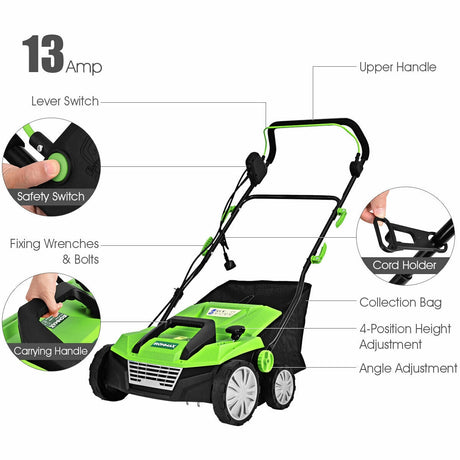 Escarificador eléctrico de 15 pulgadas y 13 amperios con bolsa recolectora y cuchillas extraíbles