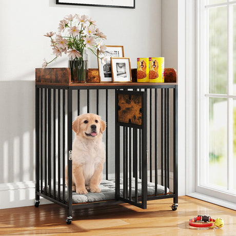 Mueble Jaula para Perros de 27.5 Pulgadas con Ruedas para Perros Pequeños y Cachorros-Marrón Rústico