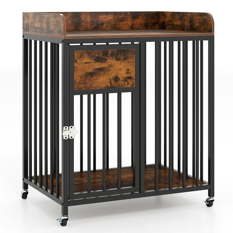 Mueble Jaula para Perros de 27.5 Pulgadas con Ruedas para Perros Pequeños y Cachorros-Marrón Rústico