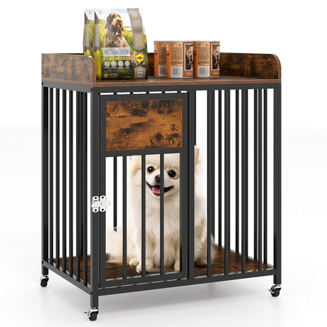 Mueble Jaula para Perros de 27.5 Pulgadas con Ruedas para Perros Pequeños y Cachorros-Marrón Rústico
