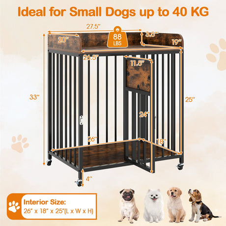 Mueble Jaula para Perros de 27.5 Pulgadas con Ruedas para Perros Pequeños y Cachorros-Marrón Rústico