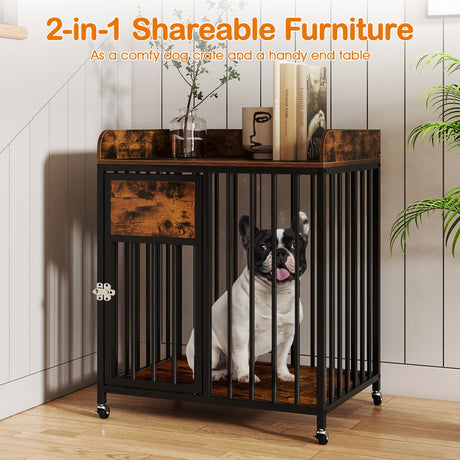 Mueble Jaula para Perros de 27.5 Pulgadas con Ruedas para Perros Pequeños y Cachorros-Marrón Rústico