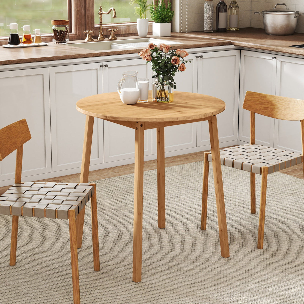 Mesa de comedor redonda de bambú de 27.5 pulgadas para 2-4 personas - Natural