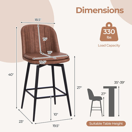 Juego de 2 taburetes de bar giratorios de 27 pulgadas, sillas de altura de mostrador con asiento acolchado, negro y marrón