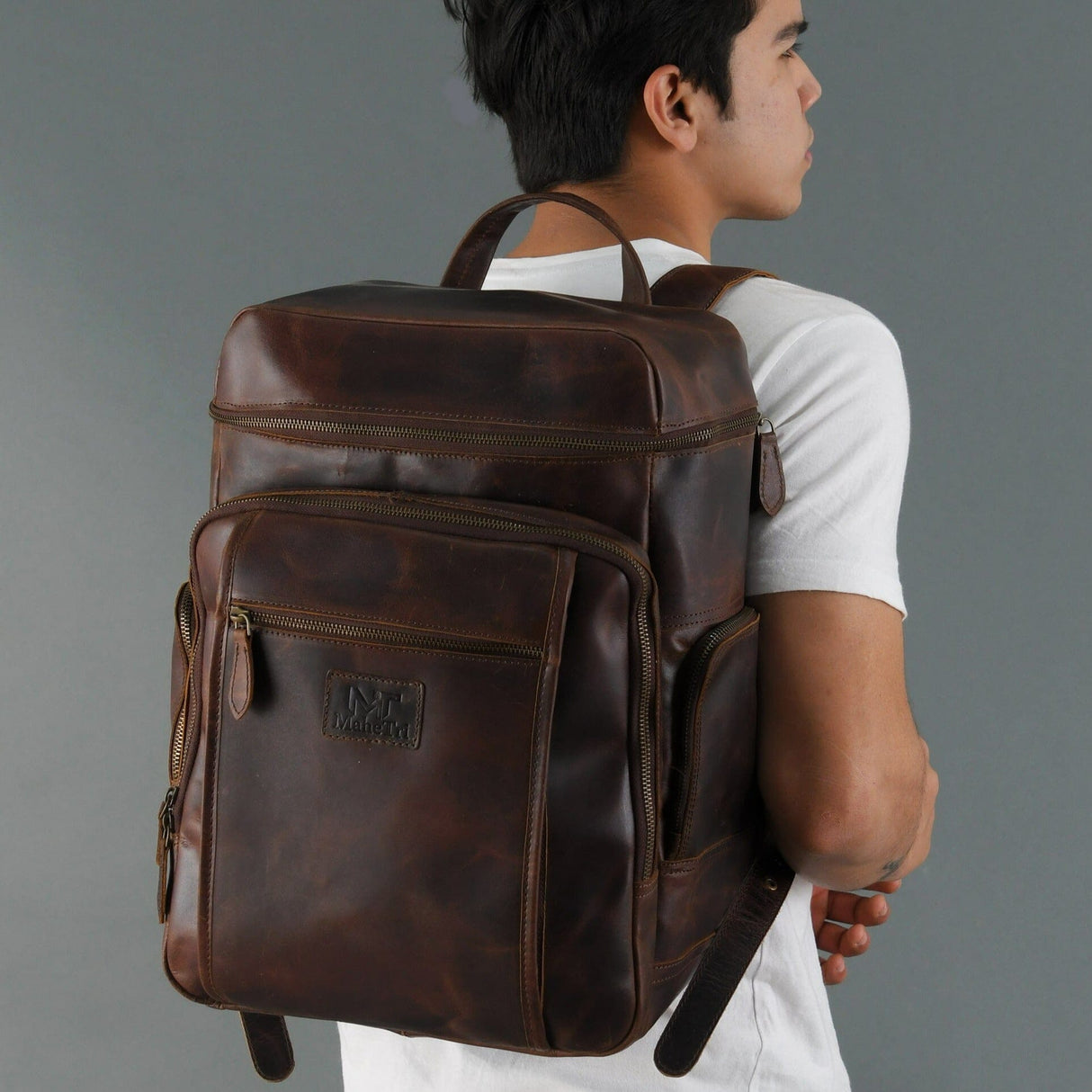 Mochila de Viaje Alpha de Cuero de Búfalo Marrón