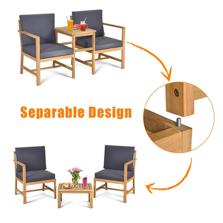 Sofá biplaza de madera de acacia 3 en 1 con mesa de centro separable