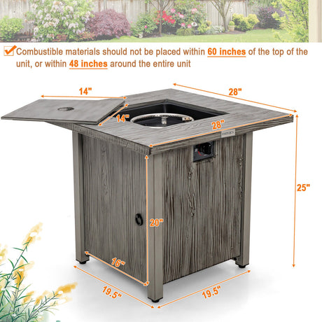 Mesa fogata cuadrada de 28 pulgadas y 40 000 BTU con tapa y rocas de lava-Gris