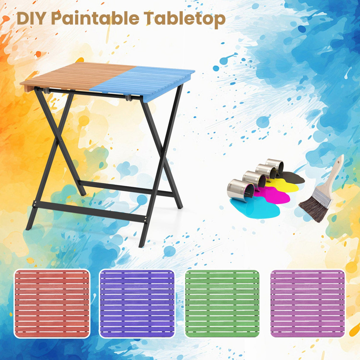 Mesa cuadrada plegable para patio de 28 pulgadas con tablero de listones para porche o patio trasero