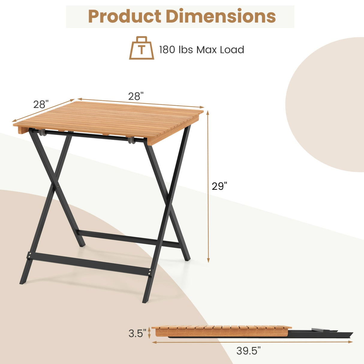 Mesa cuadrada plegable para patio de 28 pulgadas con tablero de listones para porche o patio trasero