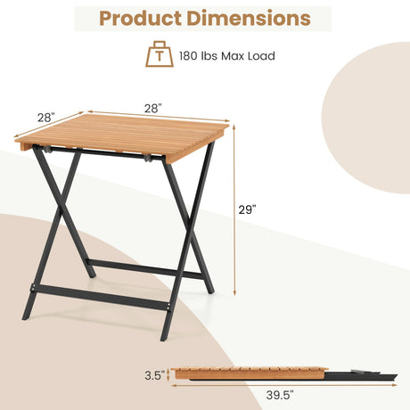 Mesa cuadrada plegable para patio de 28 pulgadas con tablero de listones para porche o patio trasero