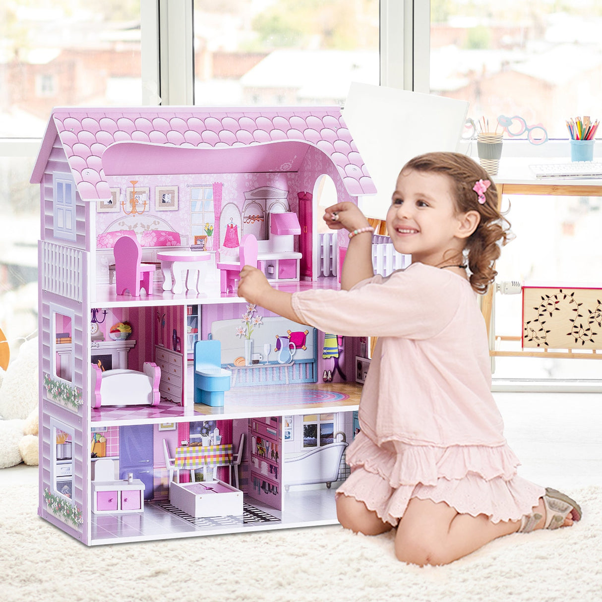 Casa de muñecas rosa de 28 pulgadas con muebles