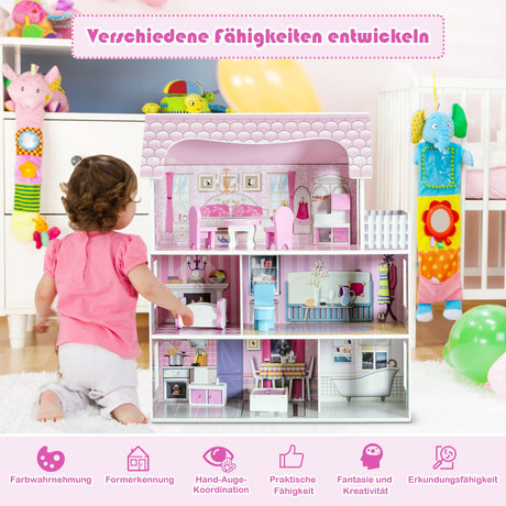 Casa de muñecas rosa de 28 pulgadas con muebles