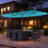 Juego de comedor de patio de 11 piezas con sombrilla LED para patio con base y cojines de asiento (azul marino)