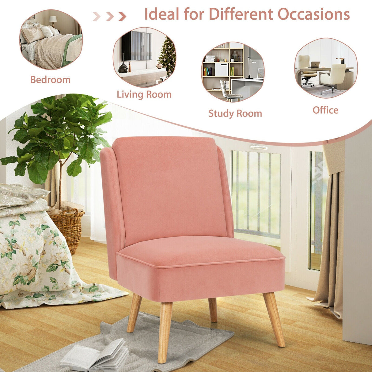 Sillón auxiliar sin brazos de terciopelo con patas de madera de caucho para dormitorio