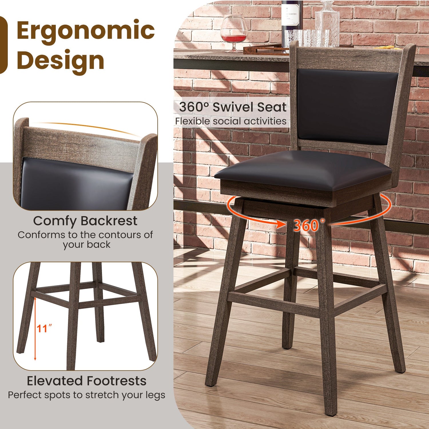 25/29 Inch Padded Bar Stools Set of 2 with Swivel Seat and Footrest