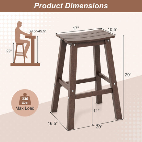 Juego de 2 taburetes de barra para patio de HDPE de 29 pulgadas sin brazos con asiento tipo silla de montar