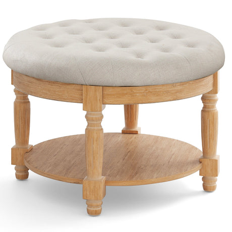 Mesa de centro otomana redonda grande de 29 pulgadas, otomana tapizada capitoné de 2 niveles con reposapiés y tapa abatible - Beige