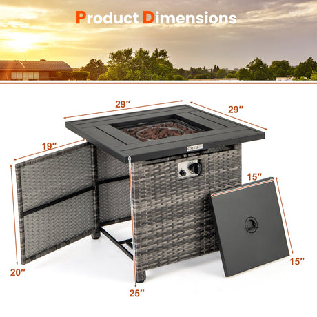 Mesa Fogata de Propano de Ratán de 29 Pulgadas con Rocas Volcánicas y Cubierta Protectora-Gris