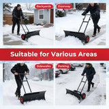 29 Inch Snow Pusher Heavy Duty Metal Shovel with Wheels and Adjustable Handle-Black