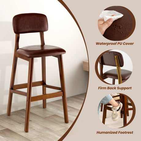 Taburetes de bar tapizados de PU de 29 pulgadas con patas de madera de caucho - Juego de 2