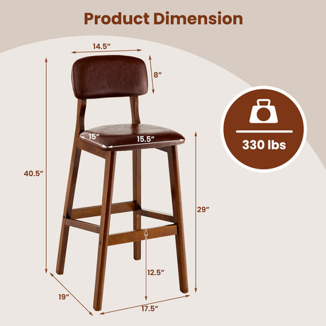Taburetes de bar tapizados de PU de 29 pulgadas con patas de madera de caucho - Juego de 2