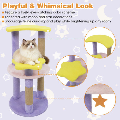 Árbol para gatos moderno y bonito de 29 pulgadas con plataformas en forma de estrella y luna