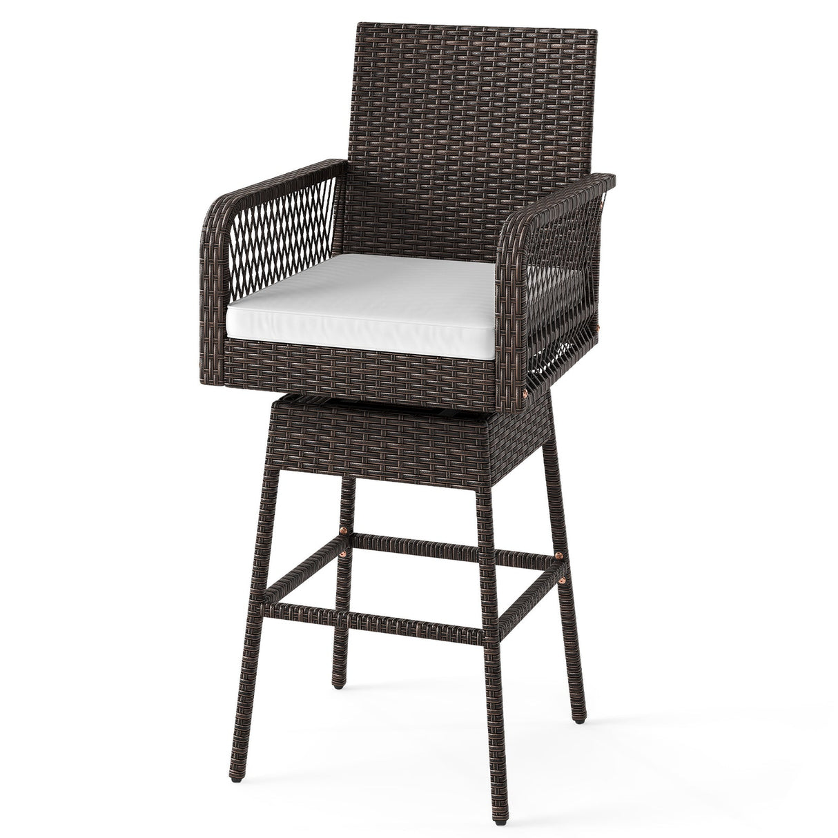 Taburete de bar giratorio 360° de 29 pulgadas para patio con reposabrazos entrecruzados y cojín de asiento - Blanco