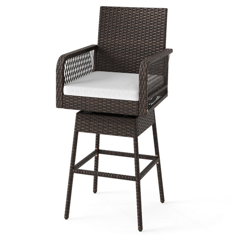 Taburete de bar giratorio 360° de 29 pulgadas para patio con reposabrazos entrecruzados y cojín de asiento - Blanco