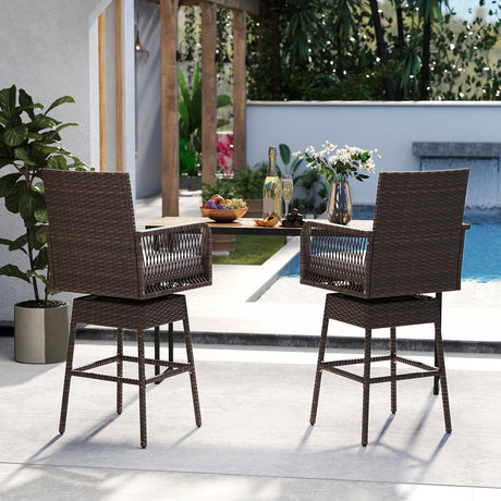 Taburete de bar giratorio 360° de 29 pulgadas para patio con reposabrazos entrecruzados y cojín de asiento - Blanco