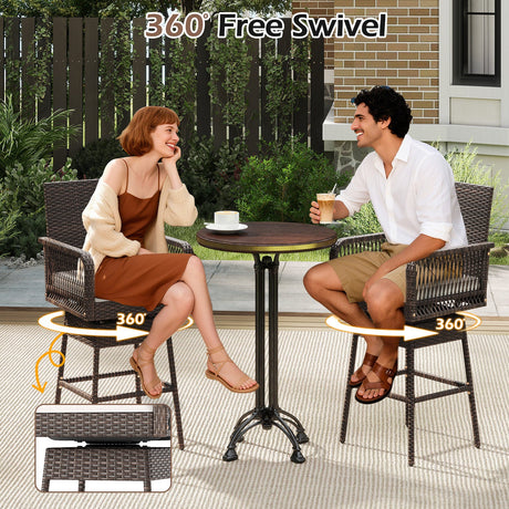 Taburete de bar giratorio 360° de 29 pulgadas para patio con reposabrazos entrecruzados y cojín de asiento - Blanco