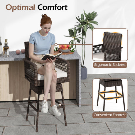 Taburete de bar giratorio 360° de 29 pulgadas para patio con reposabrazos entrecruzados y cojín de asiento - Blanco