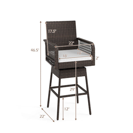Taburete de bar giratorio 360° de 29 pulgadas para patio con reposabrazos entrecruzados y cojín de asiento - Blanco