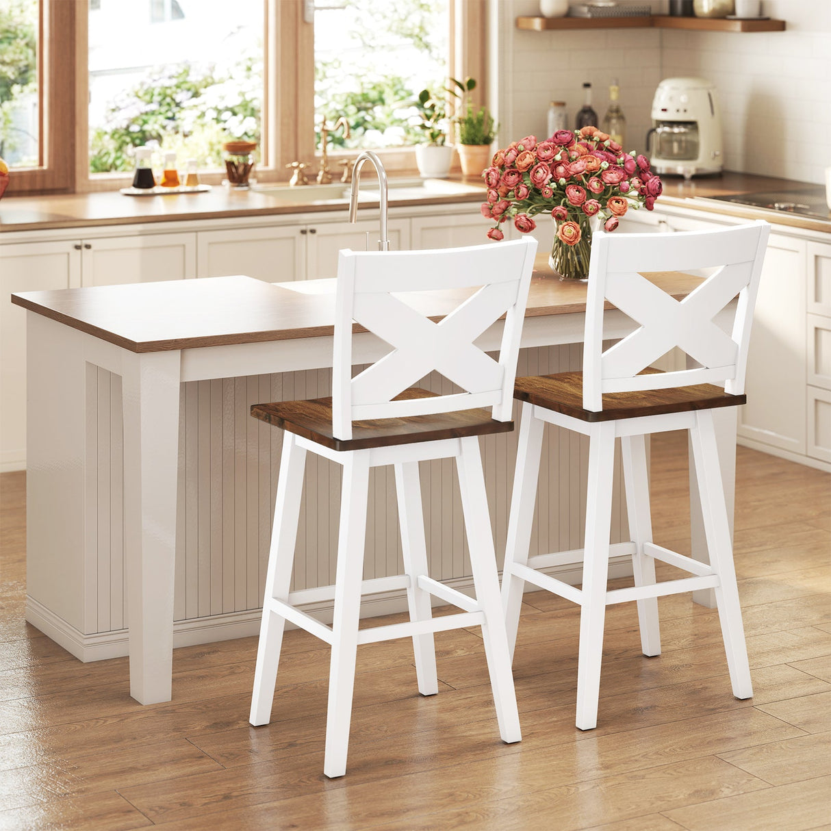 29" Rubberwood Swivel Barstools Set of 2 with Backrest and Large Seat