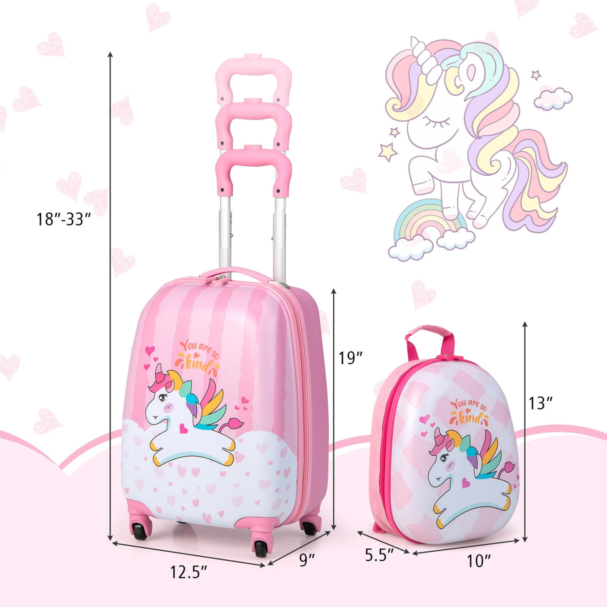 Juego de equipaje para niños de 2 piezas, 12 y 16 pulgadas, con mochila y maleta para viaje - Lindo unicornio