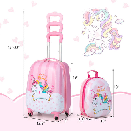 Juego de equipaje para niños de 2 piezas, 12 y 16 pulgadas, con mochila y maleta para viaje - Lindo unicornio