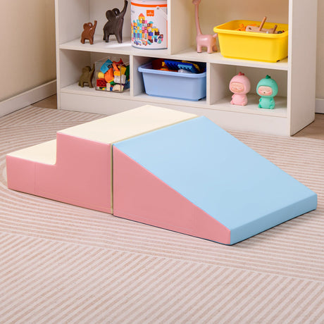 Escalador y tobogán de 2 piezas para bebés y niños pequeños, juego de bloques de espuma suave para bebés, rosa y azul