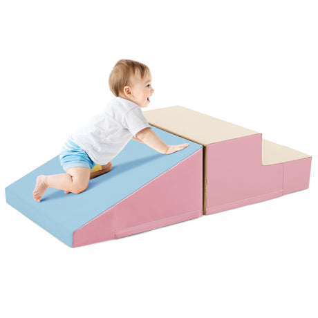 Escalador y tobogán de 2 piezas para bebés y niños pequeños, juego de bloques de espuma suave para bebés, rosa y azul
