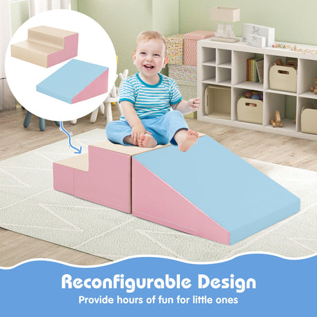 Escalador y tobogán de 2 piezas para bebés y niños pequeños, juego de bloques de espuma suave para bebés, rosa y azul