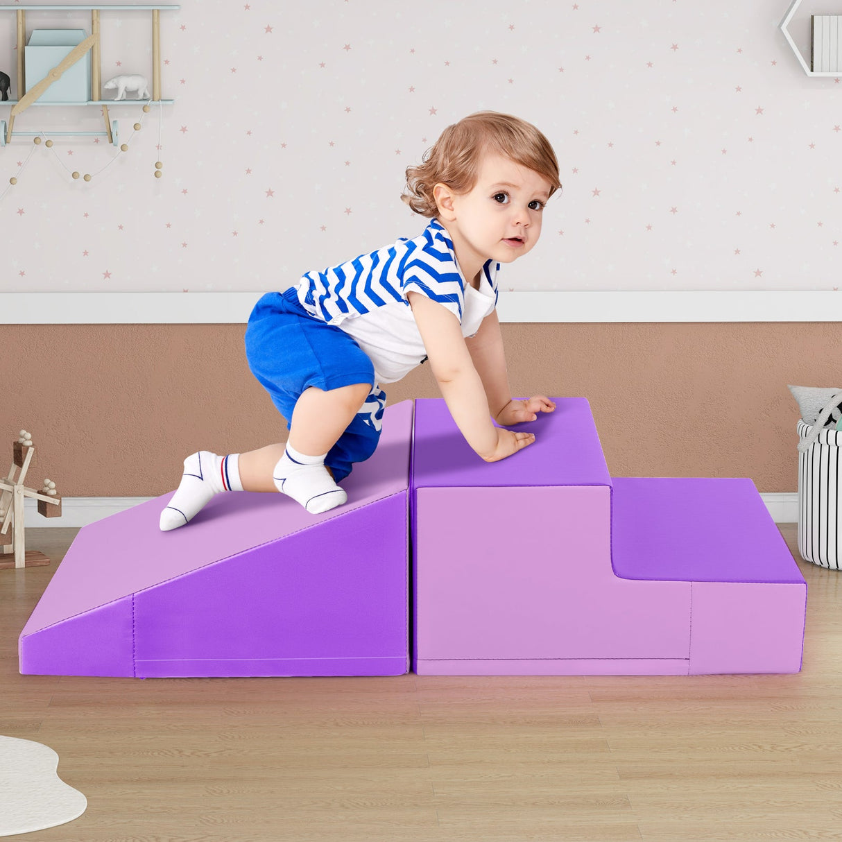 Juego de bloques de espuma suave para bebés de 2 piezas con tobogán y escalador para bebés y niños pequeños - Morado