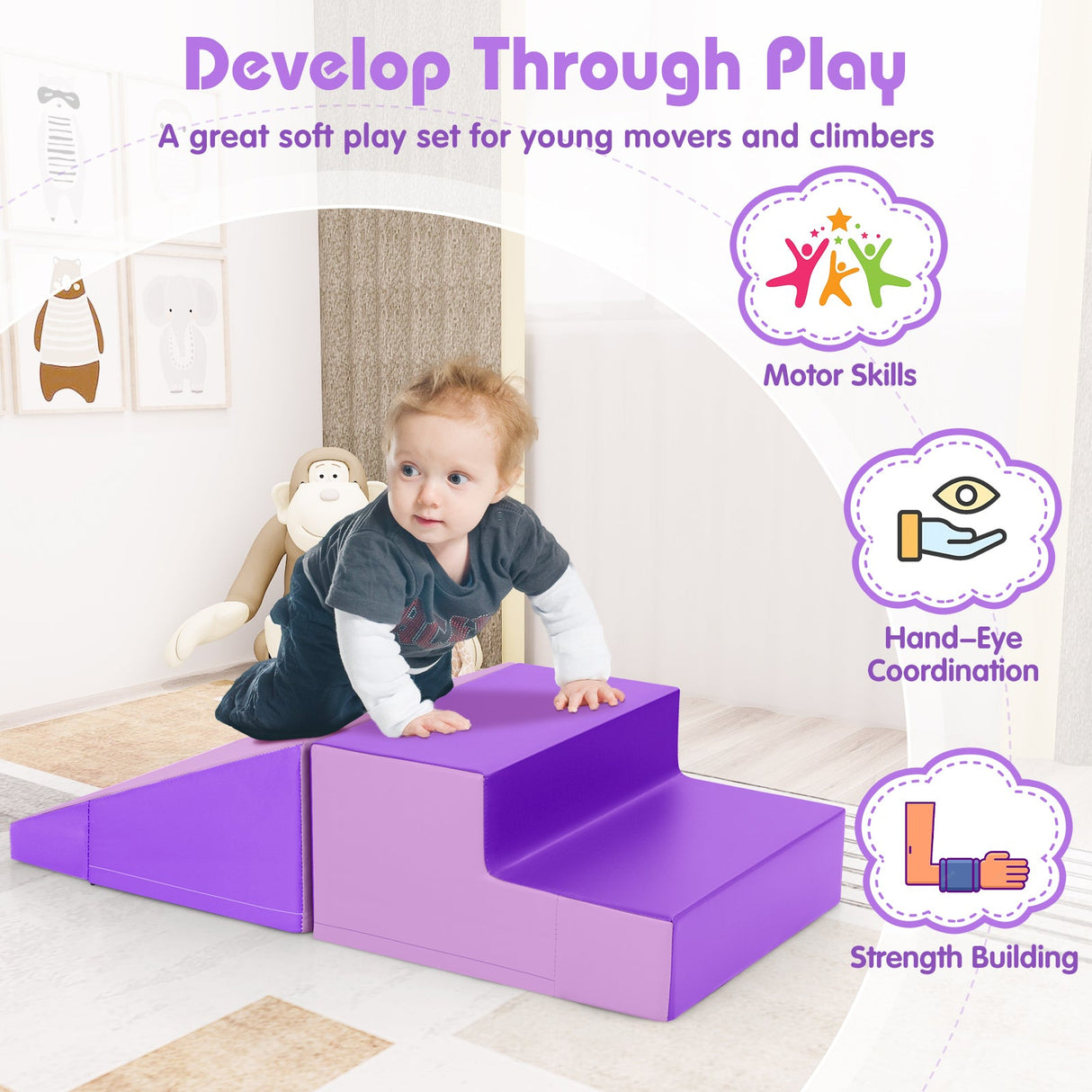 Juego de bloques de espuma suave para bebés de 2 piezas con tobogán y escalador para bebés y niños pequeños - Morado
