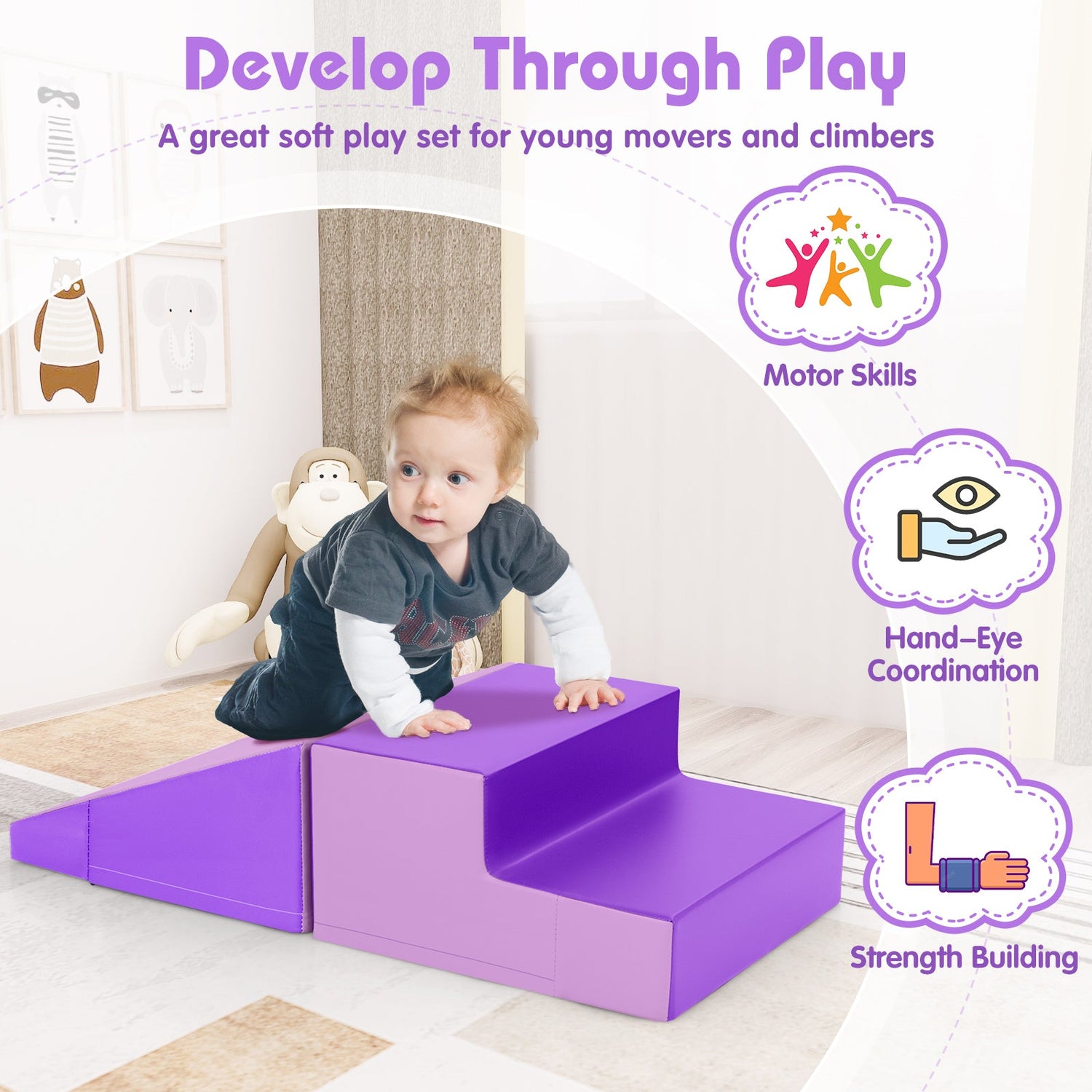 Juego de bloques de espuma suave para bebés de 2 piezas con tobogán y escalador para bebés y niños pequeños - Morado