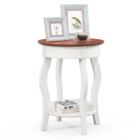 Mesa auxiliar redonda de 2 niveles con estante de almacenamiento y patas de madera de caucho maciza - Nogal y blanco