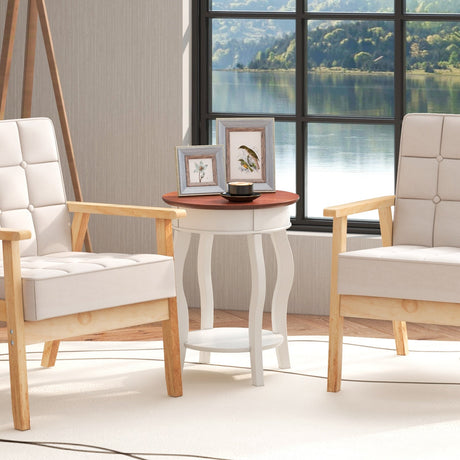 Mesa auxiliar redonda de 2 niveles con estante de almacenamiento y patas de madera de caucho maciza - Nogal y blanco